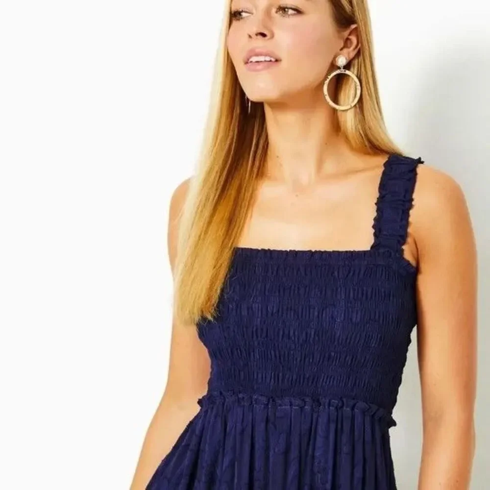 Lilly Pulitzer Hadley Smocked Maxi Dress in Navy Blue Crepe Swirl - Picture 4 of 13
